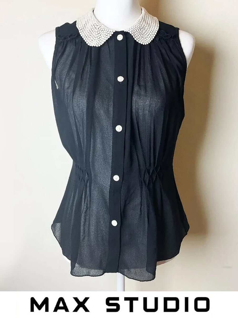 Max Studio Black Sleeveless Sheer Blouse with White Crochet Collar | Size S NWT